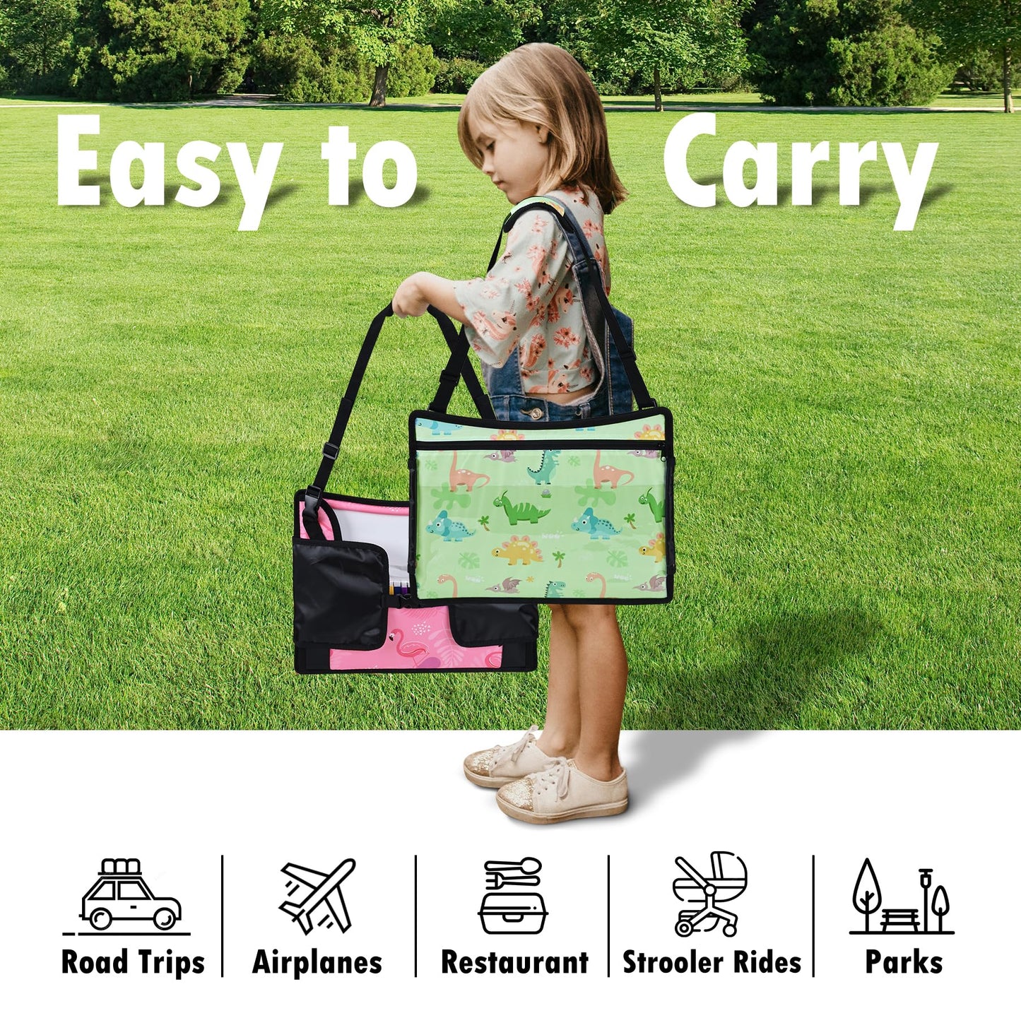 WENRENER 2PCS Kids Travel Tray, Car Seat Tray for kids Travel, Toddler Road Trip Essentials With Drawing Kit, Toddler Lap Desk Organizer for Car, Carseat Table for Airplane