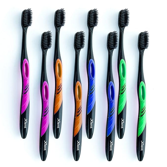 Activated Charcoal Bristle Toothbrush - Xtreme (Extreme) Soft, Ultrafine, Tapered bristles, Compact Head & Slim Design - (8 Count)