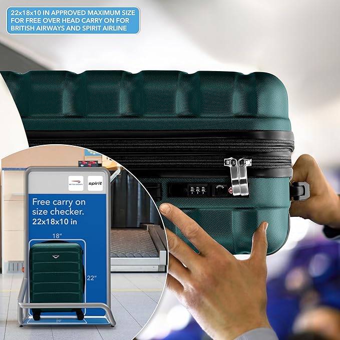 Carry On Suitcase Hardside TSA Lock & USB Port Silent Double Spinner Wheels Maximum Overhead Carry-On Bag Approved For Many Airlines( 22x18x10" ,Forest Green )