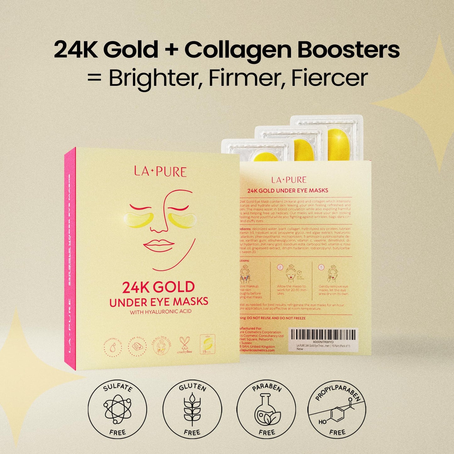 LA PURE 24k Gold Under Eye Mask for Dark Circles and Puffiness, Revitalizing & Non-Irritating Anti Aging Eye Patches with Hyaluronic Acid & Collagen - Dermatologically Tested - 15 Pairs Eye Gel Pads