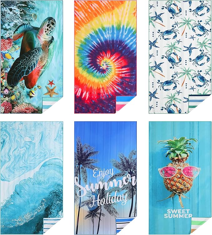 Casa Platino Beach Towel Set of 6 – Extra Large 71"x32" Sand Free Microfiber Towels, Quick Dry & Lightweight with Double-Sided Prints, Mesh Bag Included, Beach Bag Essentials for Travel – Maslin