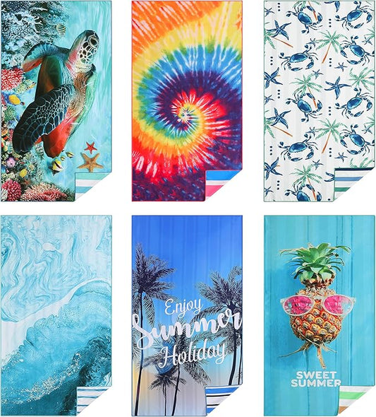 Casa Platino Beach Towel Set of 6 – Extra Large 71"x32" Sand Free Microfiber Towels, Quick Dry & Lightweight with Double-Sided Prints, Mesh Bag Included, Beach Bag Essentials for Travel – Maslin