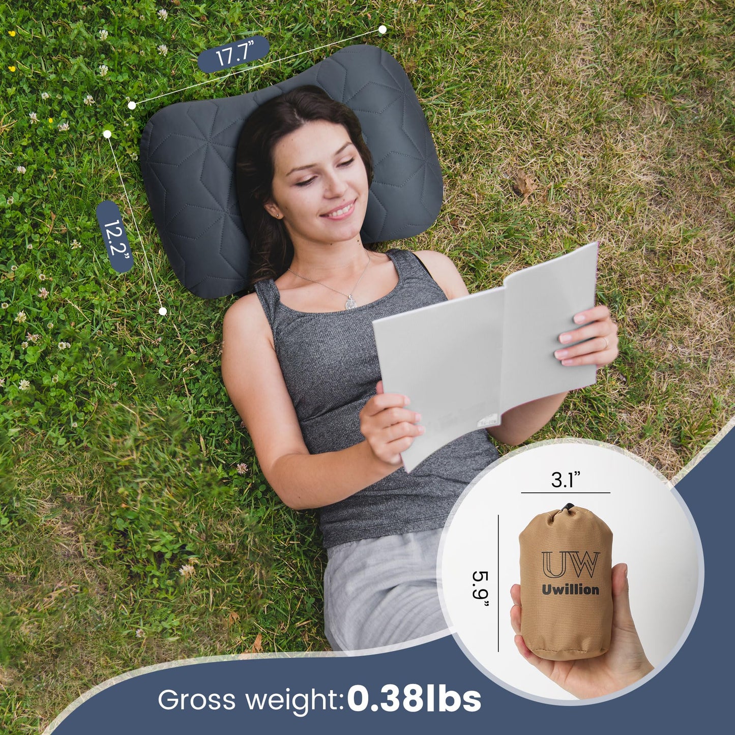 UWILLION Camping Pillow with Removable Cover - Ultralight Inflatable Pillow for Camping Lightweight, Ergonomic and Washable for Camping, Hiking, and Travel Gray