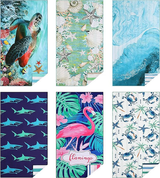 Casa Platino 6 Pack Beach Towels Oversized – Extra Large 71"x32" Quick Dry, Sand Free Microfiber Towels, Lightweight & Soft, Double-Sided Printed Beach Towel with Bag for Travel & Camping – Muara