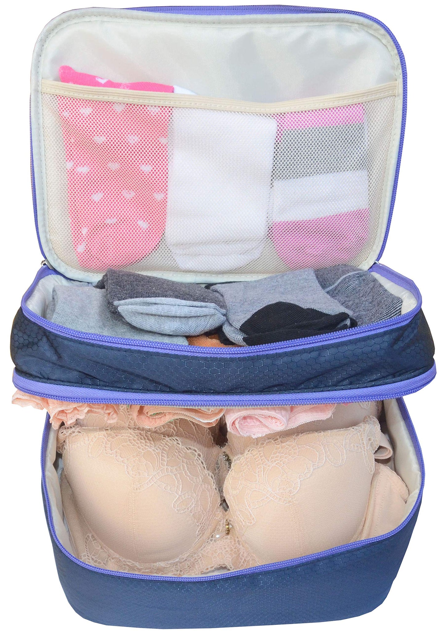 Travel Organizer Underwear Bag - Large Double Layer Packing Storage Bag - Fits Large Bra, Socks, Underpants, Cosmetic, Toiletry kit (Dark Blue)