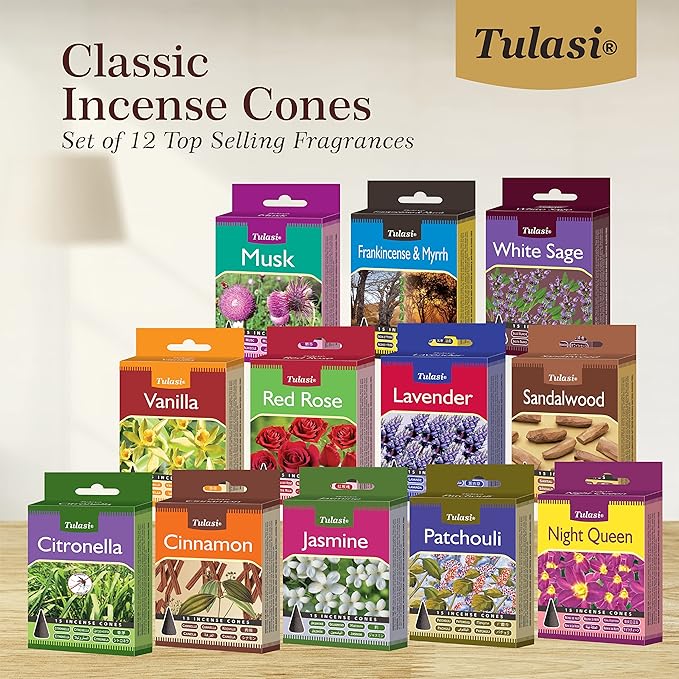 Tulasi Classic Incense Cones with Natural Oils Scents, Set of 12 Fragrances (180 Cones) Calming Home Aromatherapy, Meditation, Relaxing, Mixed Scents with Natural Oils