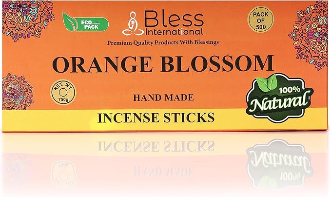 Bless-Orange-Blossom 100%-Natural-Handmade-Hand-Dipped-Incense-Sticks Organic-Chemicals-Charcoal-Free Purification-Relaxation-Positivity-Yoga-Meditation Best-Woods-Scent (500 Sticks(26 OZ))