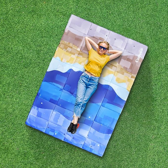 Camping Blanket, 2-in-1 Wearable Puffy Camping Blanket with Hood & Snap Buttons Waterproof Lightweight Travel Blanket Converts to Pillow for Backpacking, Beach, Picnics, Stadium (Mountains)