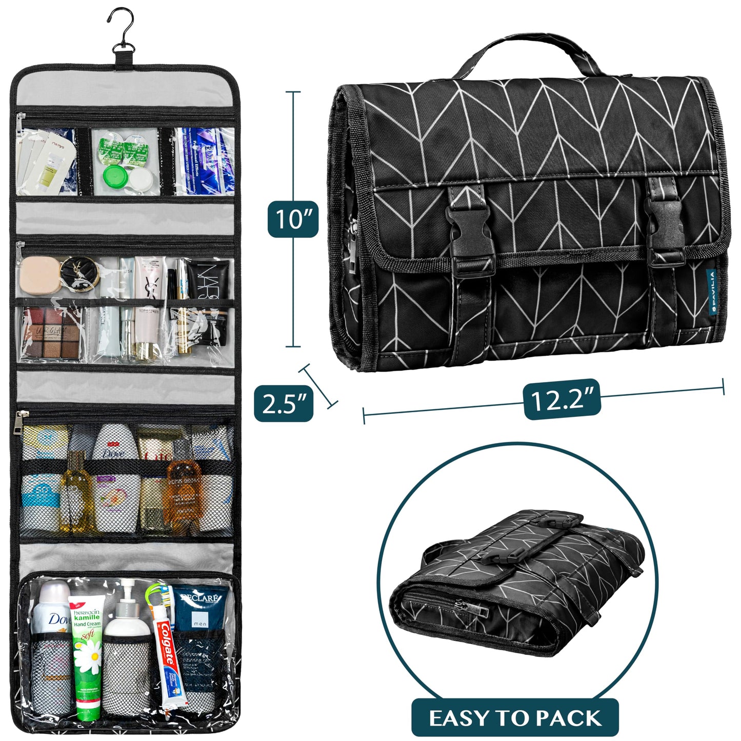 PAVILIA Travel Hanging Toiletry Bag for Women Men, Large Capacity Makeup Bag Kit, Waterproof Cosmetic Storage Organizer Case for Bathroom Shower, Black Chevron