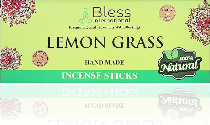 Bless-Lemon-Grass 100%-Natural-Handmade-Hand-Dipped Organic-Chemicals-Charcoal-Free Purification-Relaxation-Positivity-Yoga-Meditation Best-Woods-Scent (500 Sticks (26 OZ))