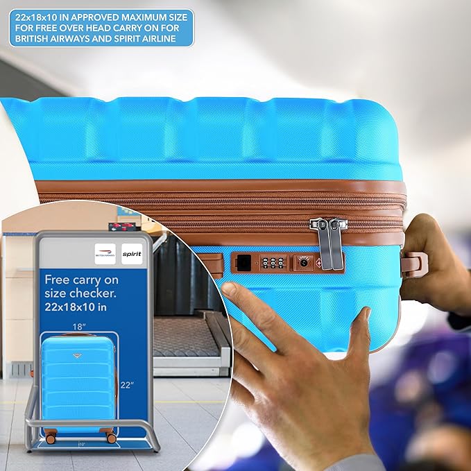 Carry On Suitcase Hardside TSA Lock & USB Port Silent Double Spinner Wheels Maximum Overhead Carry-On Bag Approved For Many Airlines( 22x18x10" ,Turquoise/Tan )