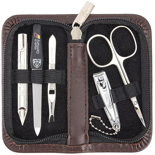 3 Swords Germany - brand quality 5 piece manicure pedicure grooming kit set for professional finger & toe nail care scissors clipper genuine leather brown case in gift box, Made in Germany