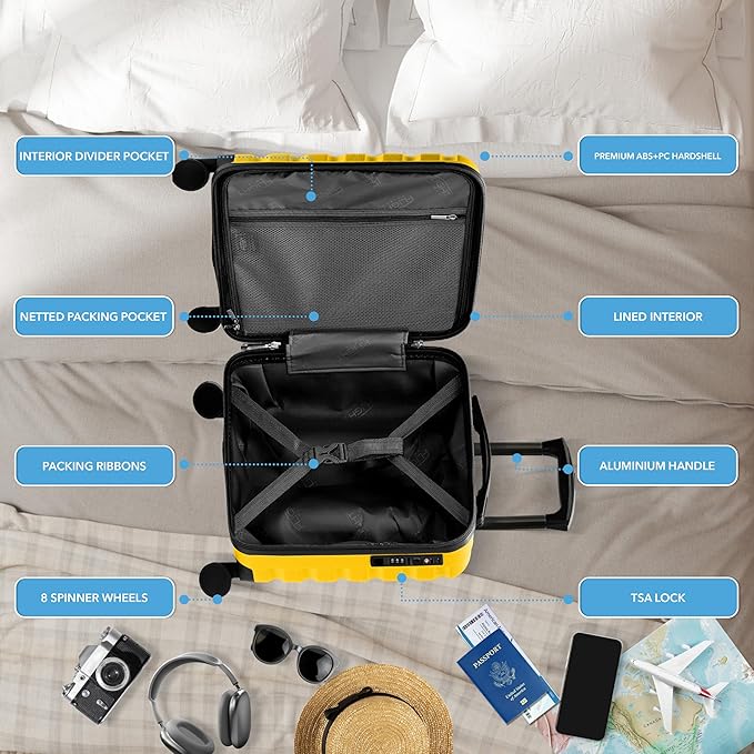 Carry On Suitcase Hardside Built In TSA Lock & USB Port Silent Double Spinner Wheels Maximum Underseat Carry-On Bag For American & United Approved Airlines( 18x14x8" ,Yellow )