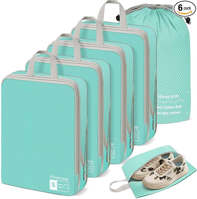 Compression Packing Cubes 6 Set, Dual Zipper Compression Packing Cubes for Travel, Space-Saving Packing Bags for Suitcases, packing cubes with shoe bag