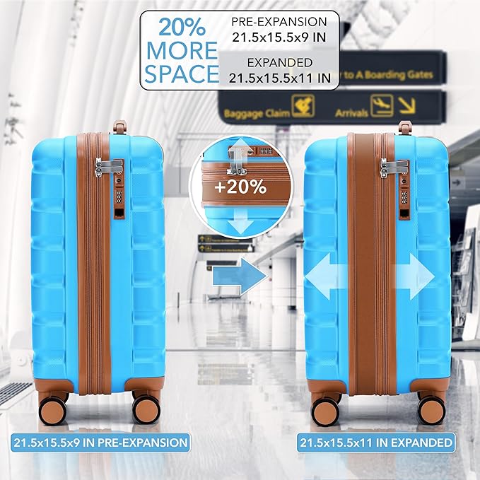Carry On Suitcase Hardside TSA Lock & USB Port Silent Double Spinner Wheels Maximum Carry-On Bag For Canada Air Approved Airlines( 21.5x15.5x9" ,Turquoise/Tan )