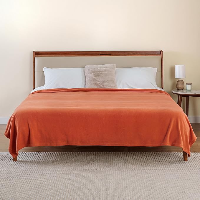 Berkshire Blanket Microfleece Queen Size Bed Blanket Amberglow Orange, Lightweight Soft Breathable Plush Micro Fleece Blanket for Bed Couch Sofa, 90x90 Inches