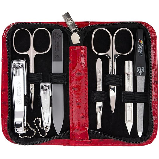 3 Swords Germany - brand quality 8 piece manicure pedicure grooming kit set synthetic leather case red ostrich - Made in Germany