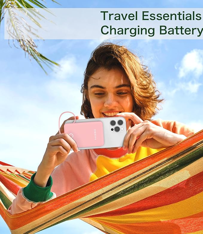 6000mah Ultra Slim Built in Cables Power Bank, Card Size Built in USB C Cords Battery Pack Portable Charger for Phones, 3 Output External Battery Pack Compatible with iPhone, Samsung, Light Pink