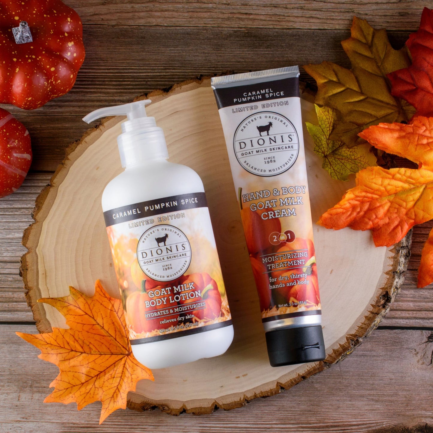 Dionis Goat Milk Caramel Pumpkin Spice Hand Cream 3.3oz & Body Lotion 8.5oz Limited Edition Fall Bundle - Hydrating Travel Set, Moisturizing Skincare Gift, Cruelty-Free, Paraben Free, Made in the USA
