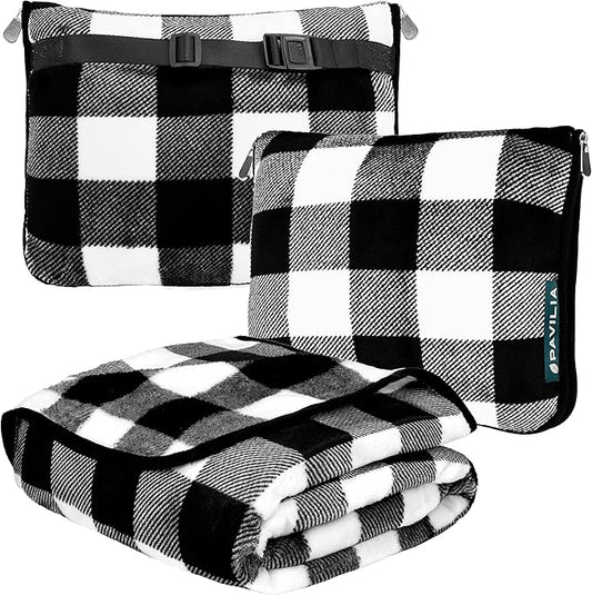 PAVILIA Travel Blanket Pillow, Soft Airplane Blanket 2-in-1 Combo Set, Plane Blanket Compact Packable, Flight Essentials Car Pillow, Travelers Gifts Accessories, Backpack Strap, 60x43 Checker White