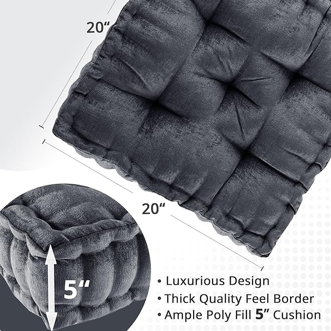 Intelligent Design Azza Floor Pillow, Large Cushions Sitting for Adults, Floor Pillow for Meditation or Yoga, Lustrous Chenille Tufted with Scalloped Edges for Bench/Chair Cushion, 20"x20"x5" Charcoal