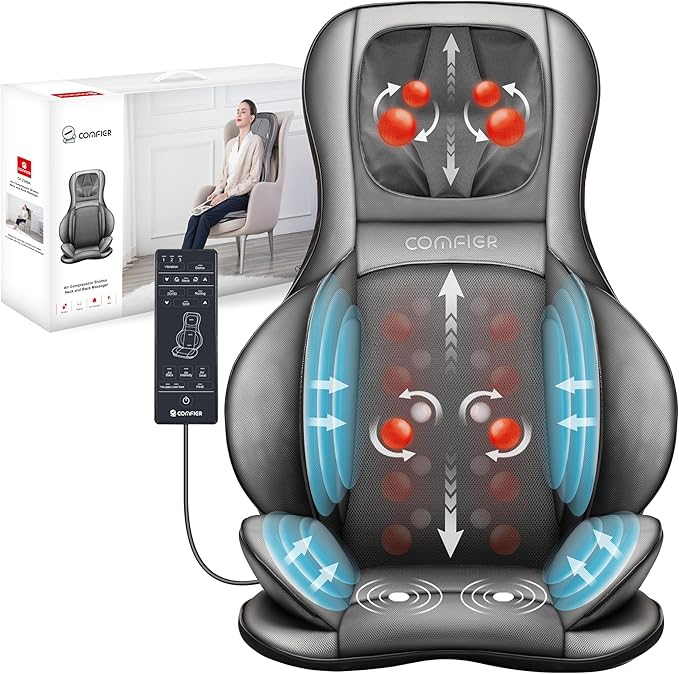 COMFIER Massager Chair with Heat, Shiatsu Neck Back Massager Portable with Compress & Rolling,Massage Chair Pad for Full Back,Neck,Full Body Pain, Gray