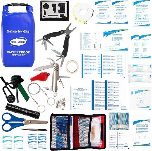 Boat First Aid Kit with Survival Tools, 123pcs Waterproof Emergency Marine Kit with Buckles, Compact Boat Safety Accessories for Fishing Kayaking Boating Camping Rafting Beach Blue