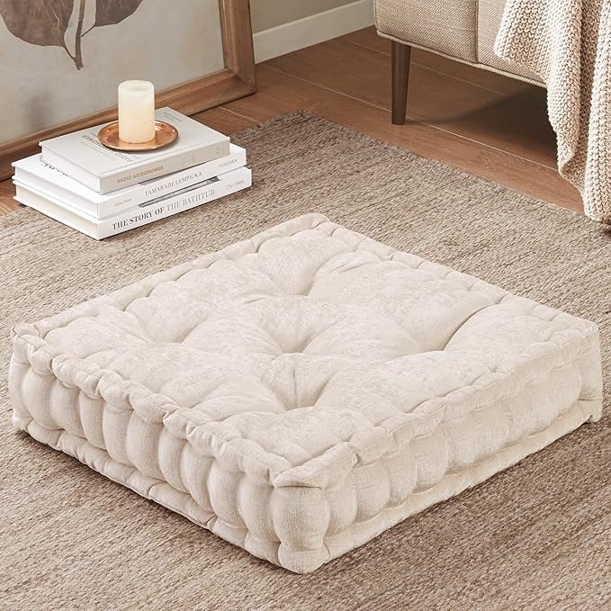 Intelligent Design Azza Floor Pillow, Large Cushions Sitting for Adults, Floor Pillow for Meditation or Yoga, Lustrous Chenille Tufted with Scalloped Edges for Bench/Chair Cushion, 20"x20"x5" Ivory