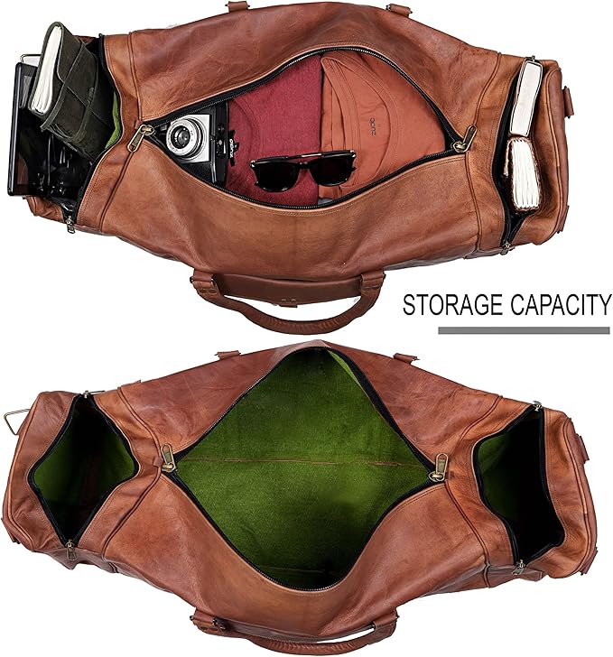 KK's Vintage Leather Duffel Bag, Handcrafted, Stylish & Durable, Ideal for Gym, Travel, Genuine Leather Travel Bag, Brass Rivets & Zippers Size 28"(L),12"(D), 11"(H) Inch