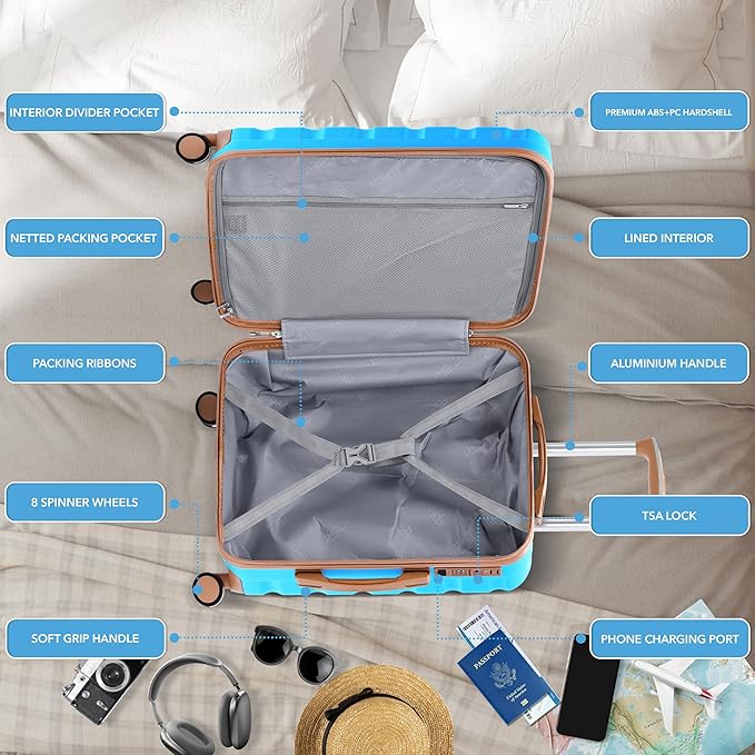 Carry On Suitcase Hardside TSA Lock & USB Port Silent Double Spinner Wheels Maximum Overhead Carry-On Bag Approved For Many Airlines( 22x18x10" ,Turquoise/Tan )