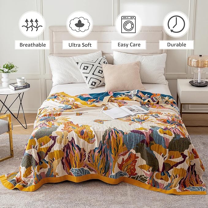Boho Throw Blanket 100% Cotton Ultra Soft Bed Throw Large Fall Blanket Floral Bird and Butterfly Farmhouse Decor Bed Blankets,60"×80" All Season Blankets for Sofa Couch Chair