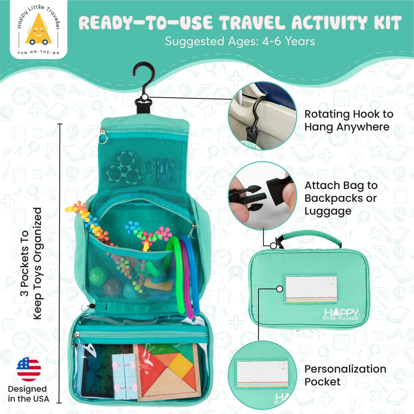 Travel Essentials for Kids – All-in-One Activity Kit for Travel, Road Trip Activities for Kids - Hanging Bag, Includes Toys and Activities for Airplanes, Hotels - Boys & Girls 4+ Years (Seafoam)