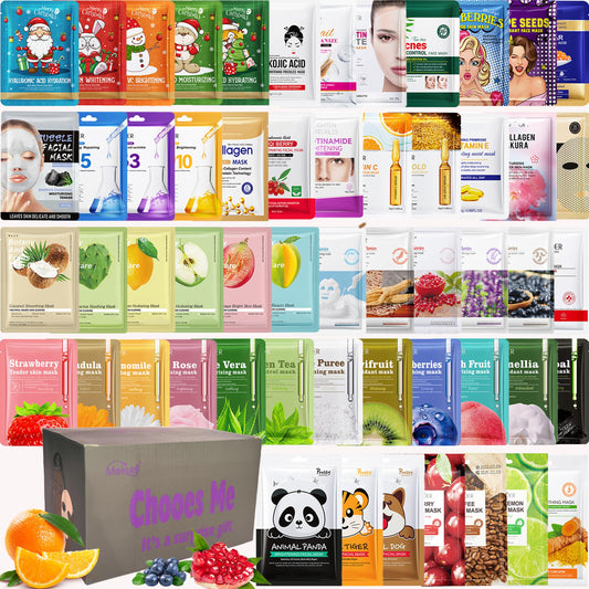 Meleell 55 Pack Collagen Face Masks Skincare Bulk,Hydrating Spa Face Mask Beauty for Sensitive Skin,Sheet Mask for Skin Care, Facial Mask Sets Birthday Party Gifts for Women/Teen Girls/Kids