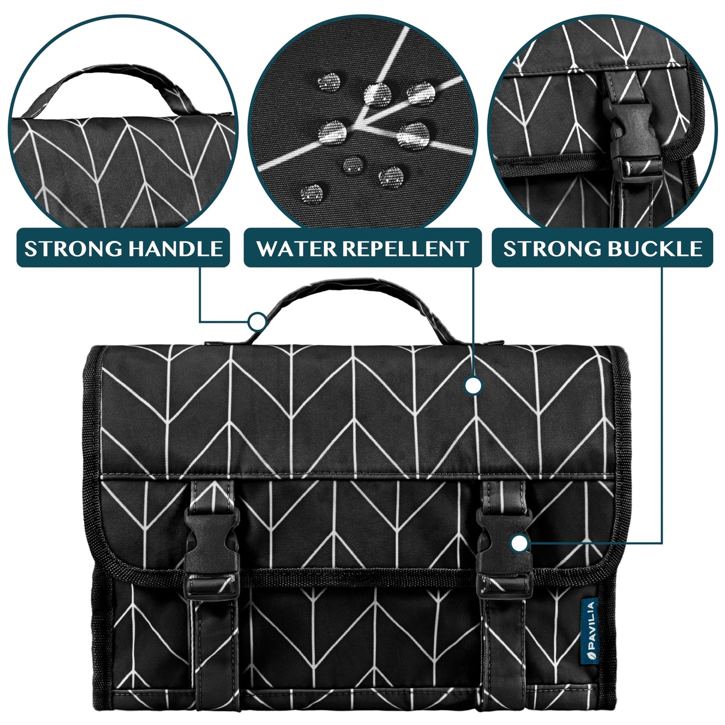 PAVILIA Travel Hanging Toiletry Bag for Women Men, Large Capacity Makeup Bag Kit, Waterproof Cosmetic Storage Organizer Case for Bathroom Shower, Black Chevron