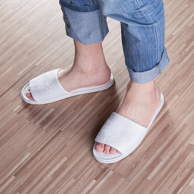 AhfuLife 5 Pairs of Waffle Open Toe White Slippers-Two Size Fit Most Men and Women for Spa, Party Guest, Hotel and Travel(Medium, White-5 Pairs)