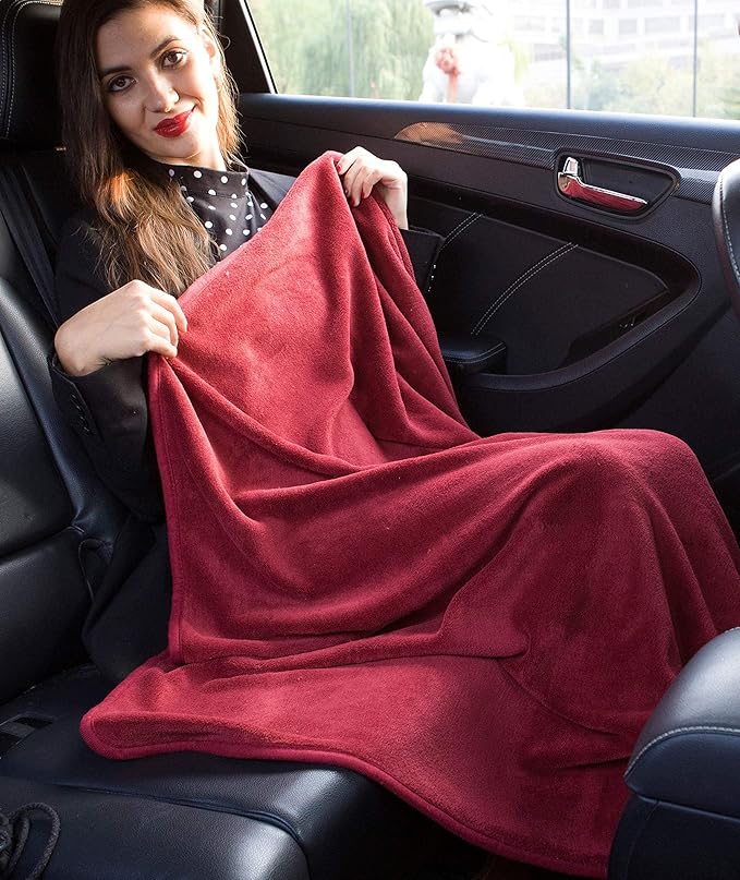 BlueHills Premium Soft Travel Blanket Pillow Airplane Blanket Packed in Soft Bag Pillowcase with Hand Luggage Belt and Backpack Clip Compact Large Long Flights Traveler Essentials Lightweight Red T001