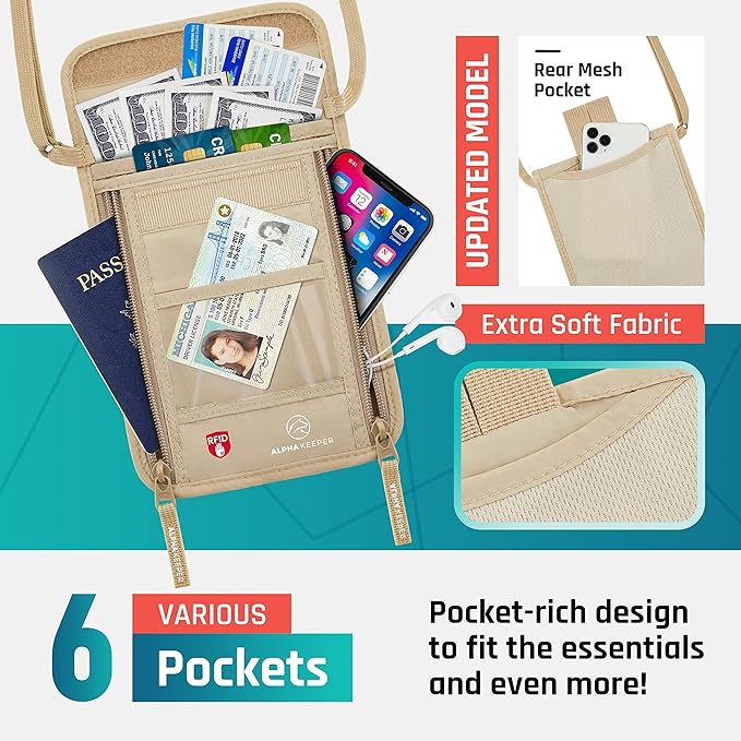 Alpha Keeper Neck Wallet, Travel Pouch For Passport Holder And Documents, RFID Blocking, Beige, Unisex Adult, Travelers, Adults