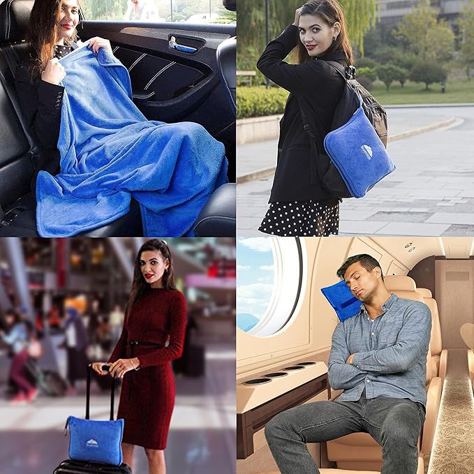 BlueHills Premium Soft Travel Blanket Pillow Airplane Blanket Packed in Soft Bag Pillowcase with Hand Luggage Belt and Backpack Clip, Compact Pack Large Plush for Any Travel (Royal Blue T003)