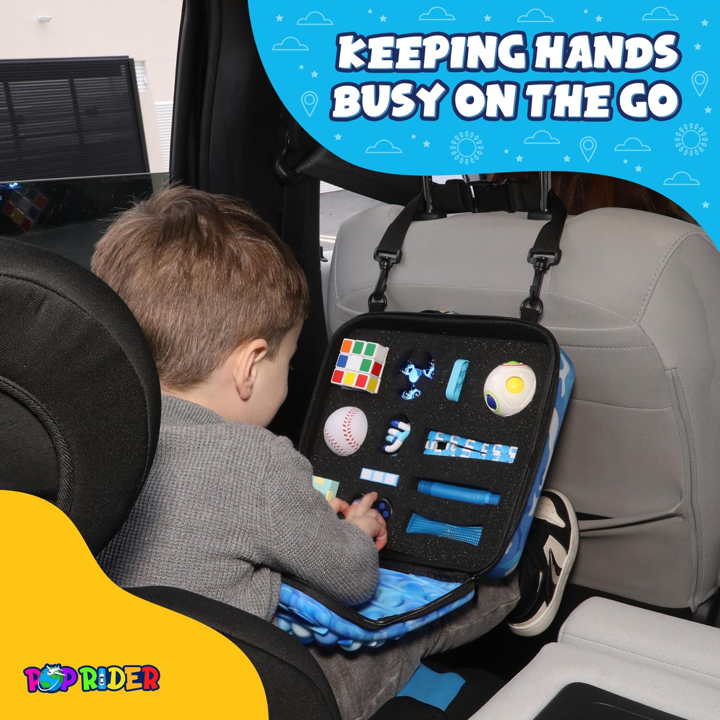 POPRIDER Travel Fidget Case Set with 12 Fidget Toys, Road Trip Activities for Kids, Airplane Must Haves for Kids, Sensory Toys, Car Travel Essentials for Long Trips (Blue)