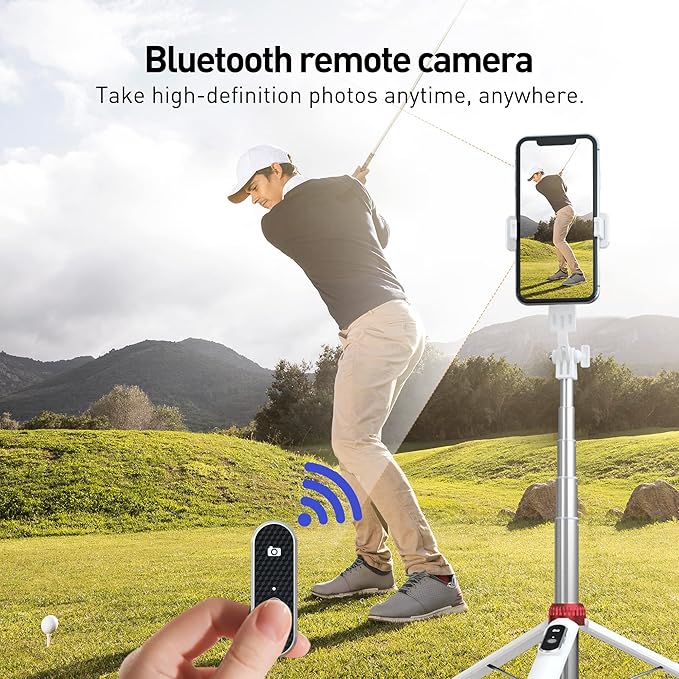 62" Phone Tripod & Selfie Stick for Golf Training, Extendable Cell Phone Tripod Stand with Wireless Remote and iPhone Holder, Golf Training Aid - Compatible with iPhone Android (White)