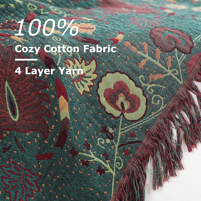 Boho Throw Blanket for Bed 100% Cotton Ultra Soft Rustic Quilt Farmhouse Decor Bed Fall Blankets,All Season Rustic Throw for Sofa Couch Chair (Flower-Dark Green, 80"×90")