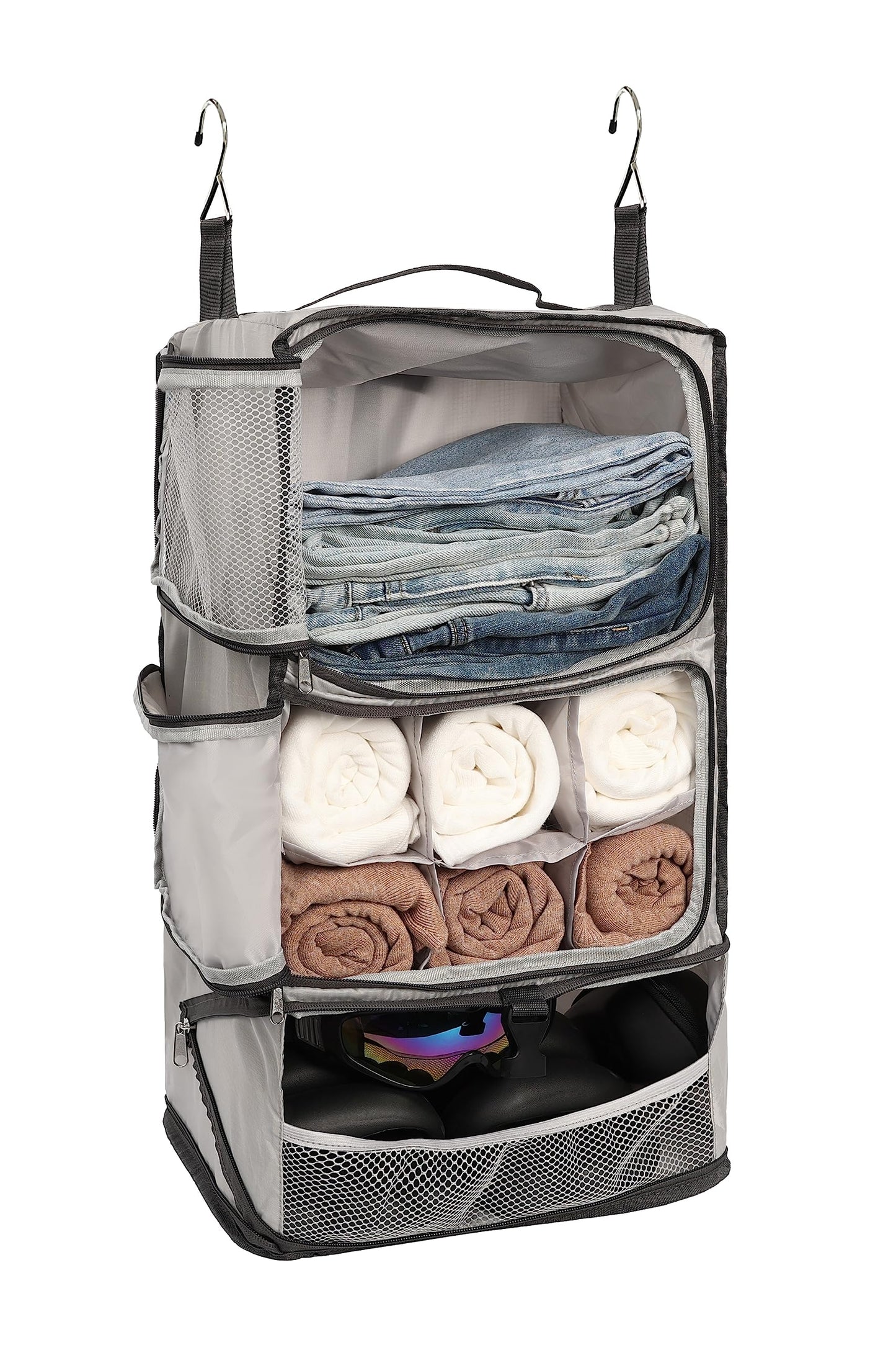 ELEZAY Hanging Packing Cubes Portable Closet 3-Shelf Travel Collapsible Compression Garment Organizer for Carry-on Luggage Suitcase Space Saver Bag X-Large_No Side Pockets, Lightgrey
