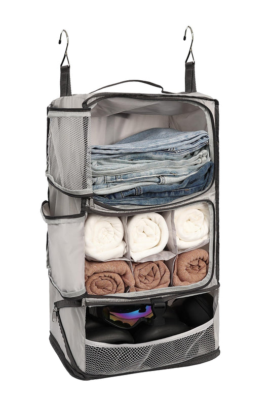 ELEZAY Hanging Packing Cubes Portable Closet 3-Shelf Travel Collapsible Compression Garment Organizer for Carry-on Luggage Suitcase Space Saver Bag X-Large_No Side Pockets, Lightgrey