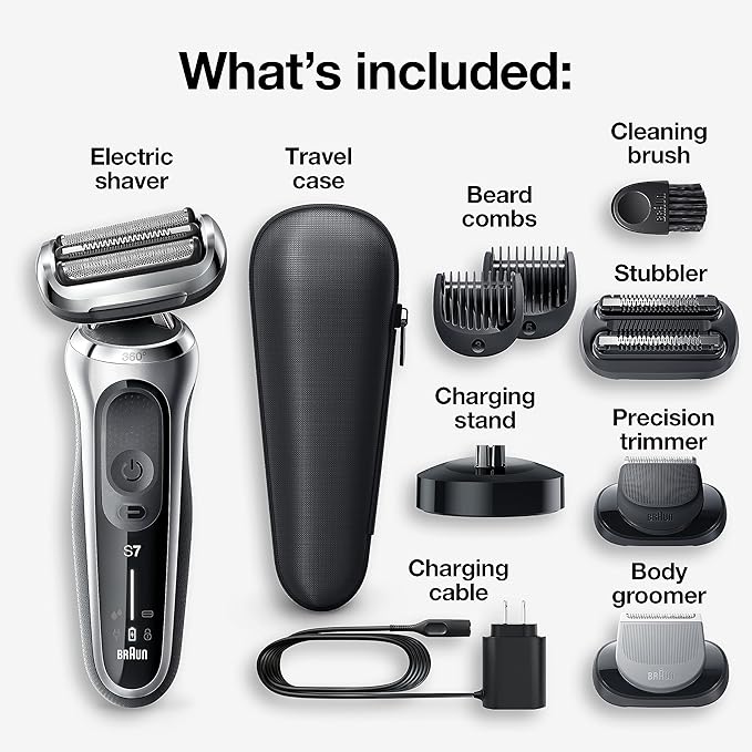 Braun Series 7 7032cs Flex Electric Razor for Men, Wet & Dry, Electric Razor, Rechargeable, Cordless Foil Shaver with Beard Trimmer and Charging Stand, Silver