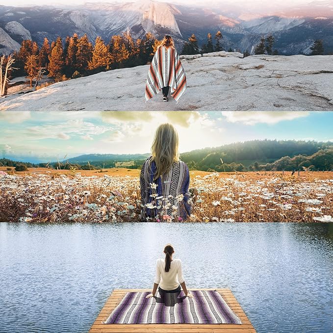 Authentic Extra Large Mexican Blanket - Handwoven Yoga, Serape, Artisanal Falsa, Beach, Camping, Picnic, Outdoor Blanket (King Turquoise)