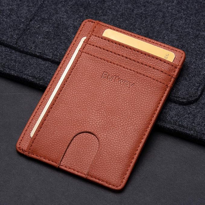 Buffway Slim Minimalist Front Pocket RFID Blocking Leather Wallets for Men and Women - Lichee Light Brown