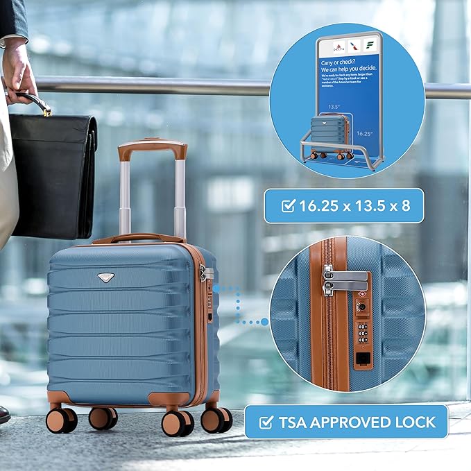 Carry On Suitcase Hardside TSA Lock & USB Port Silent Double Spinner Wheels Maximum Underseat Carry-On Bag For Virgin & South West Approved Airlines( 16.25x13.5x8" ,Blue/Tan )