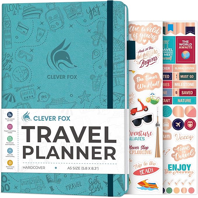 Clever Fox Travel Journal - Itinerary Travel Planner Organizer for Women, Men and Couples, Travel Log Journal, Lasts 5 Trips, A5 (Aquamarine, A5 (5.8" x 8.3"))