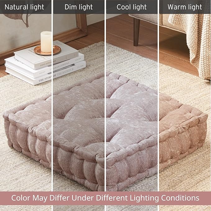 Intelligent Design Azza Floor Pillow, Large Cushions Sitting for Adults, Floor Pillow for Meditation or Yoga, Lustrous Chenille Tufted with Scalloped Edges for Bench/Chair Cushion, 20"x20"x5" Blush
