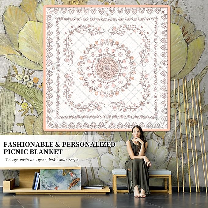 Boho Picnic Mat, 79" x 79" Extra Large Outdoor Picnic Blanket, Washable Foldable Portable Blanket for Beach/Camping/Concerts